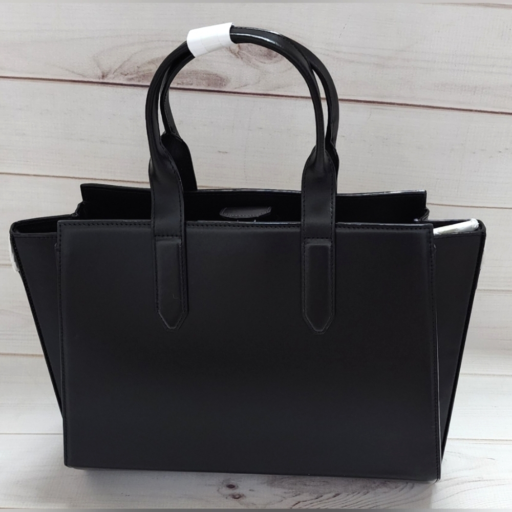 Halston Black Italian Leather Tote Handbag Large Structured Satchel $495 Retail - Picture 5 of 15